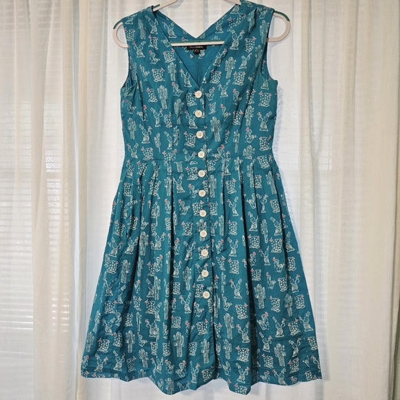Emily and Fin turquoise cactus sleeveless button down dress with pockets (M) - Picture 1 of 9